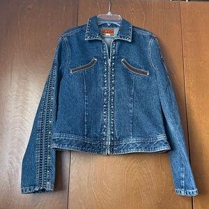 Law Man Vintage Zip Front Lattice Arms Jean Jacket EUC Sz Medium
